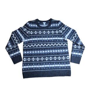 Women's LL Bean Pullover Sweater Size L Gray White Fair Isle 100% Lambswool